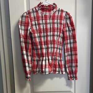 Zara Red and White Checkered Smocked Blouse